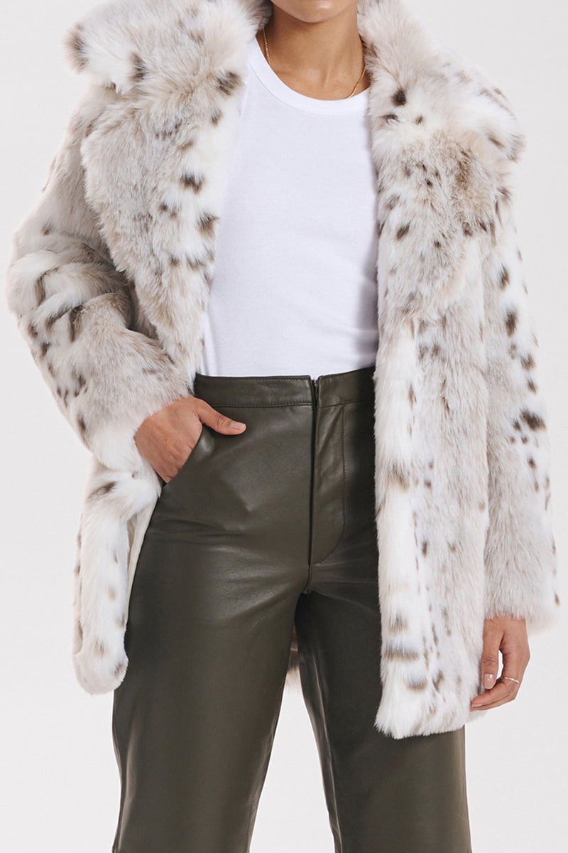 Ena Pelly Minimalist Faux Fur Jacket Stone Snow Leopard Stylerunner