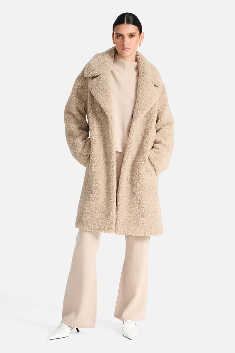 Ena Pelly Longline Teddy Faux Fur Jacket Stone Stylerunner