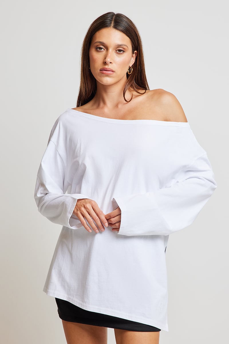 Long Sleeve Off The Shoulder White Tee ODE Kaia Off Shoulder