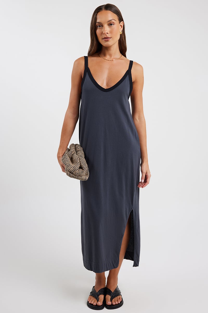 Bassike Contrast V-Neck Slip Dress Washed Navy/Black | Stylerunner