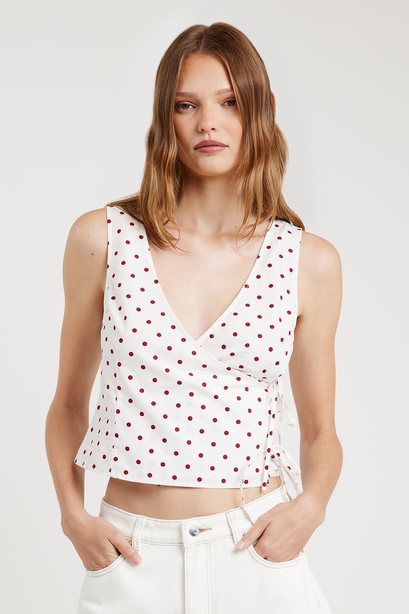 希少✨ Y's ワイズ DOT PRINT DRAPED TANK TOP M ODE Taylor Poplin Wrap Top Red Mono Polka Dot | Stylerunner