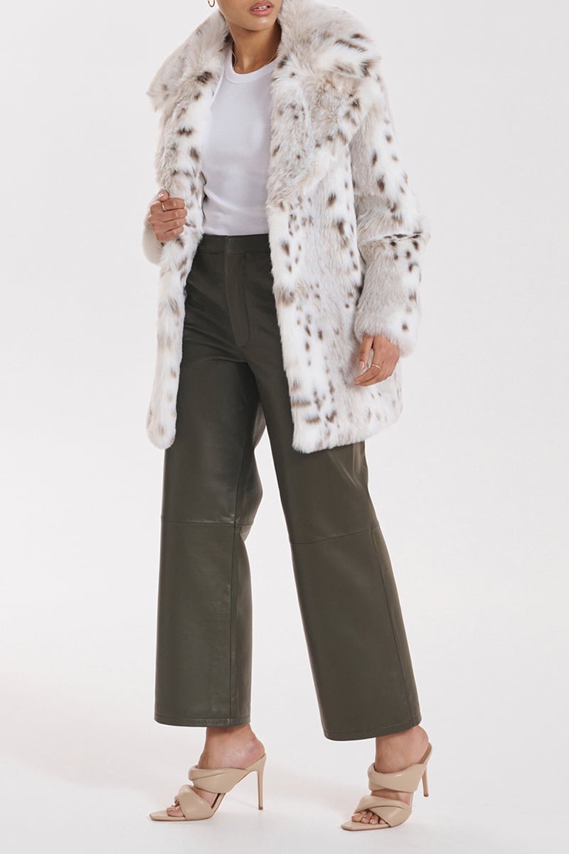 Ena Pelly Minimalist Faux Fur Jacket Stone Snow Leopard Stylerunner