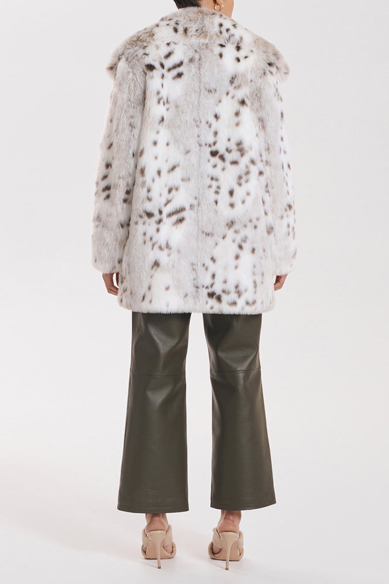 Ena Pelly Minimalist Faux Fur Jacket Stone Snow Leopard Stylerunner