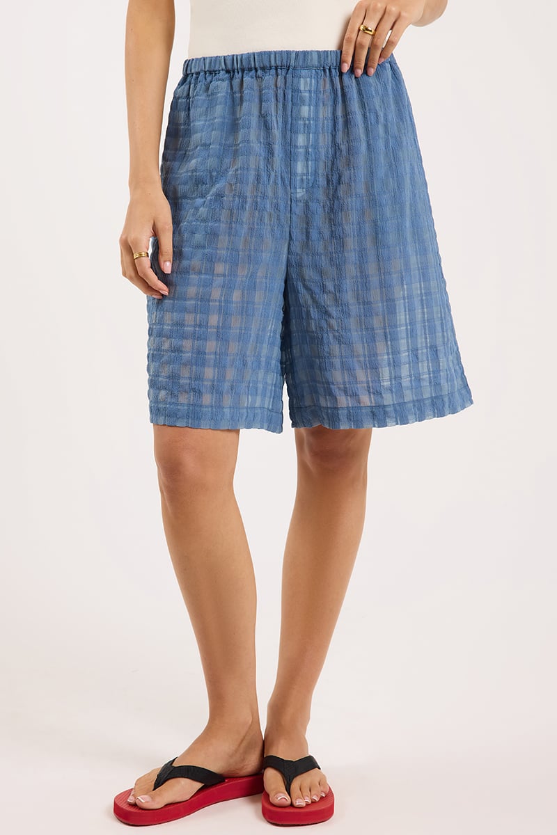 ODE Jesse Long Line Short Sheer Sea Haze Check | Stylerunner