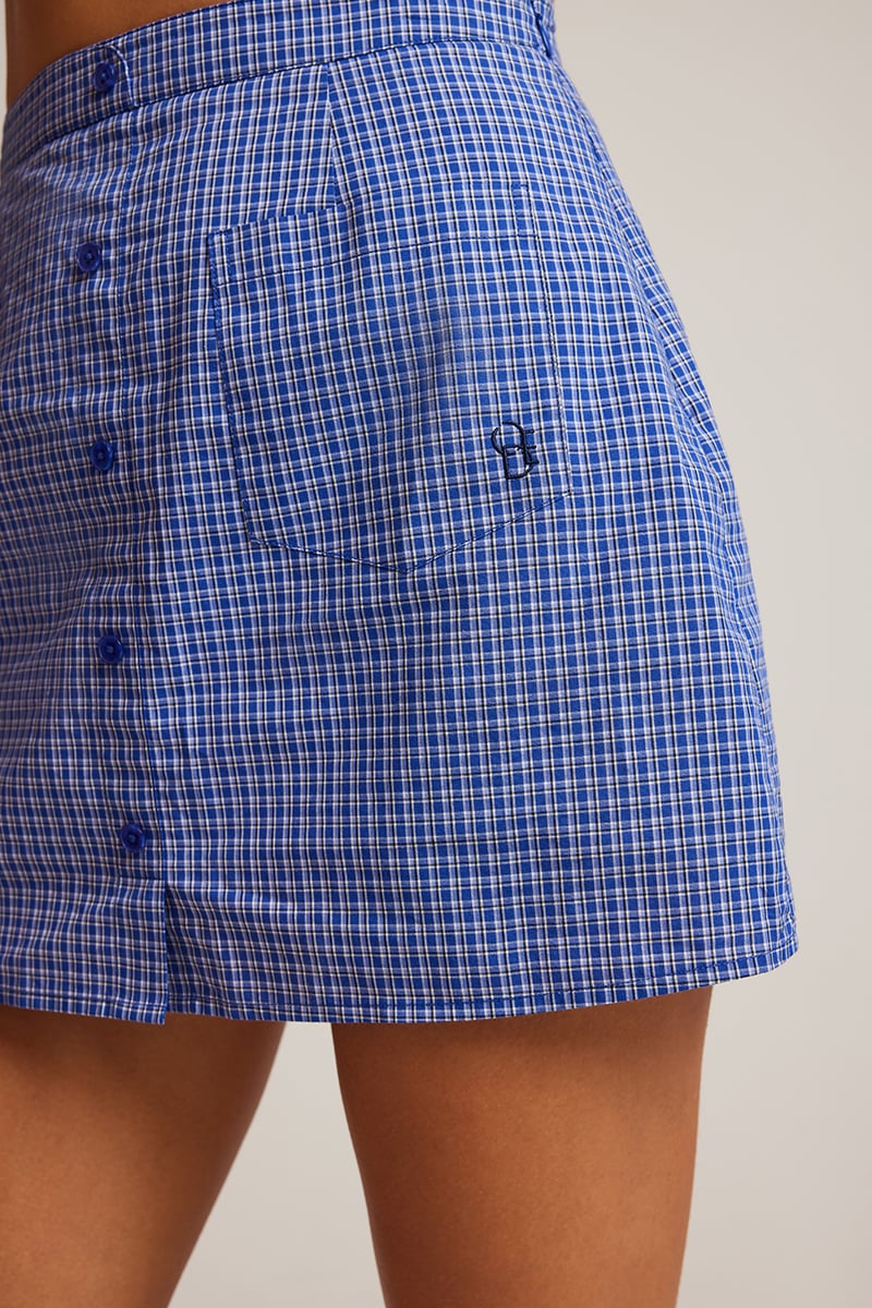ODE Aubrey Poplin Mini Skirt Cobalt Check | Stylerunner