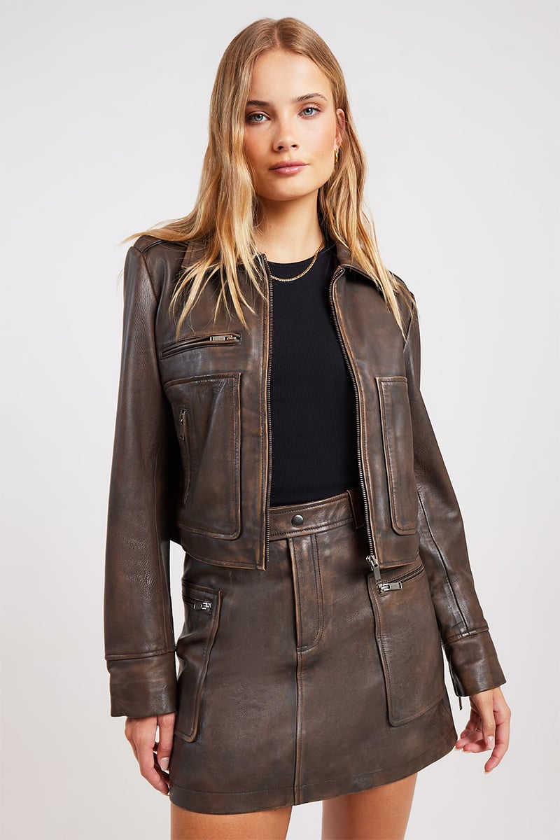 Ena Pelly Lennie Leather Biker Jacket Worn Brown Stylerunner