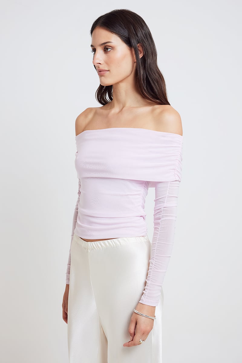 White mesh off the shoulder top outlet