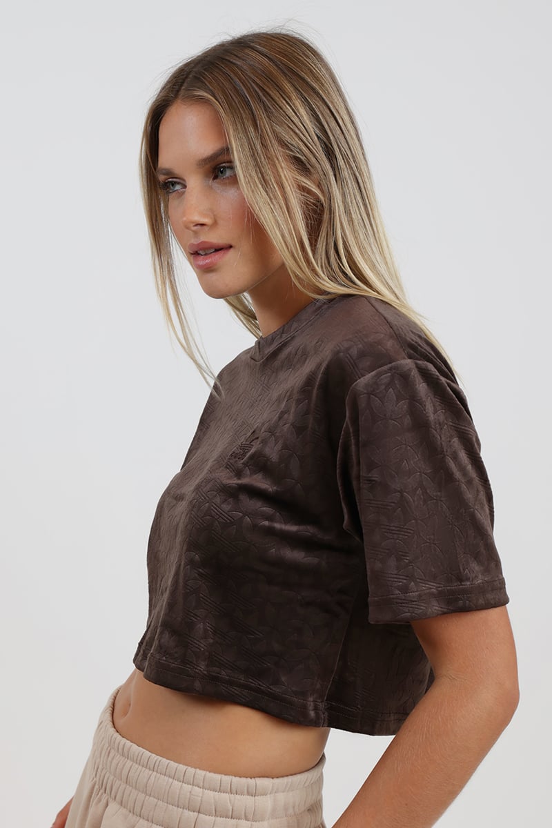 ☆adidas☆ Cropped Velvet Monogram Tee Brown adidas Originals Cropped Velvet Embossed Monogram Tee Dark