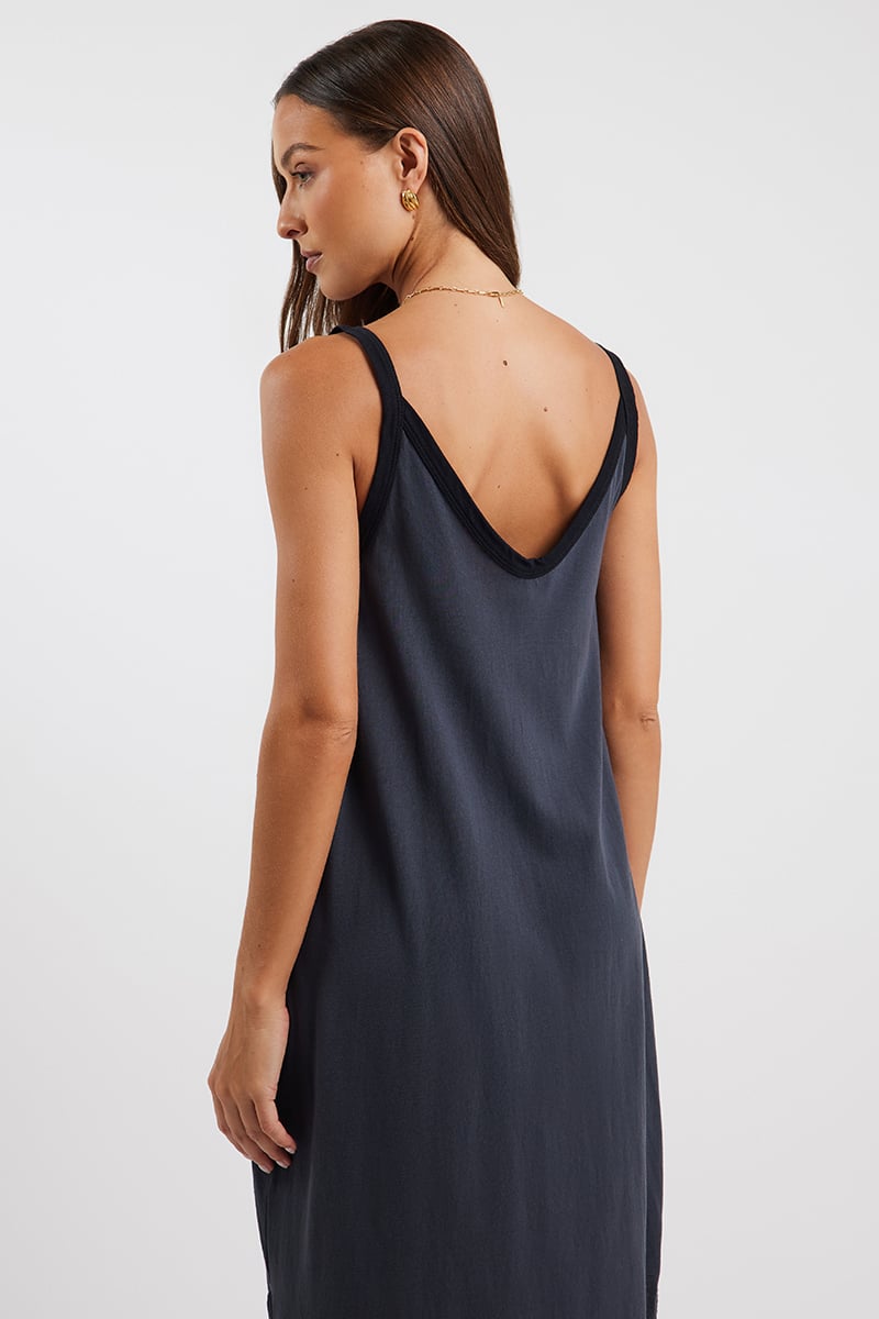 Bassike Contrast V-Neck Slip Dress Washed Navy/Black | Stylerunner Bassike Contrast V-Neck Slip Dress Washed Navy/Black | Stylerunner