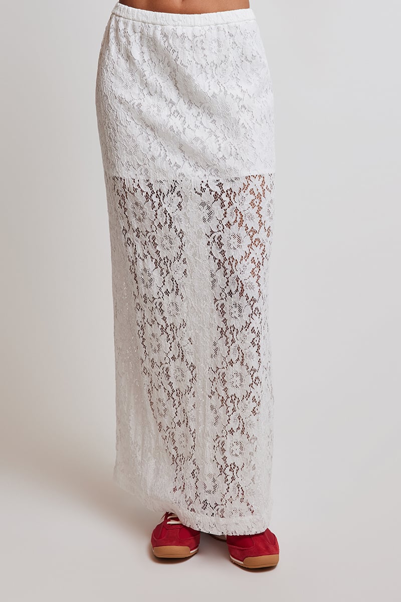 【as\"on】25ss KORI LACE MIDI SKIRT Keep Up Asymmetrical Lace Midi Skirt - Black | Fashion Nova