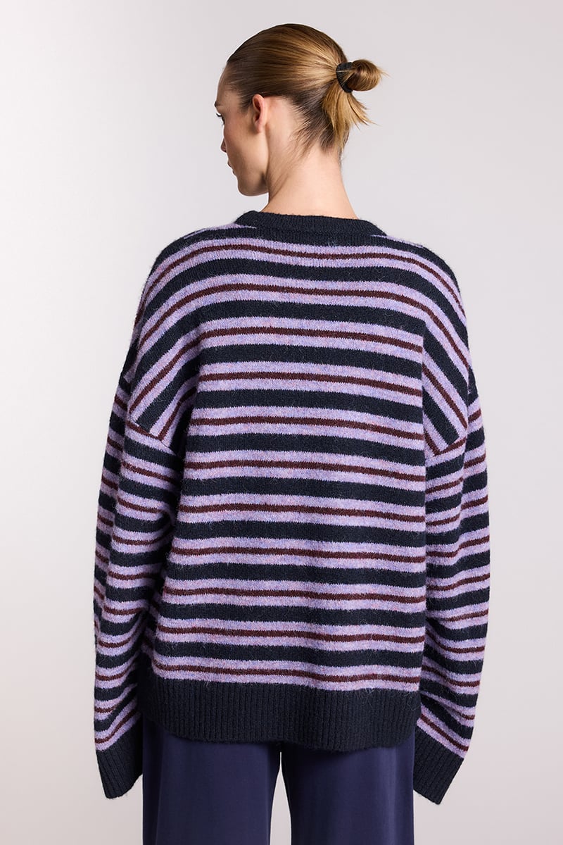 【DEARMINE】Nero Stripe Round Knit Stripe Boxy Knit Sweater - Brown Multi – Brain Dead