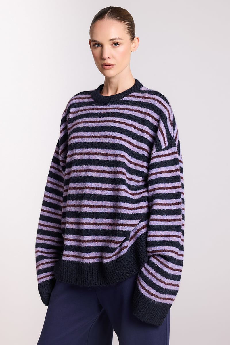 Stylerunner MK x SR Demi Oversized Knitted Sweater Navy/Plum Berry