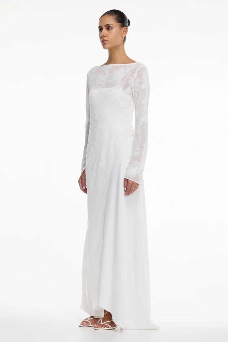 chinese dress ladies Velvet Long Sleeve Maxi Dress in Ivory - 2