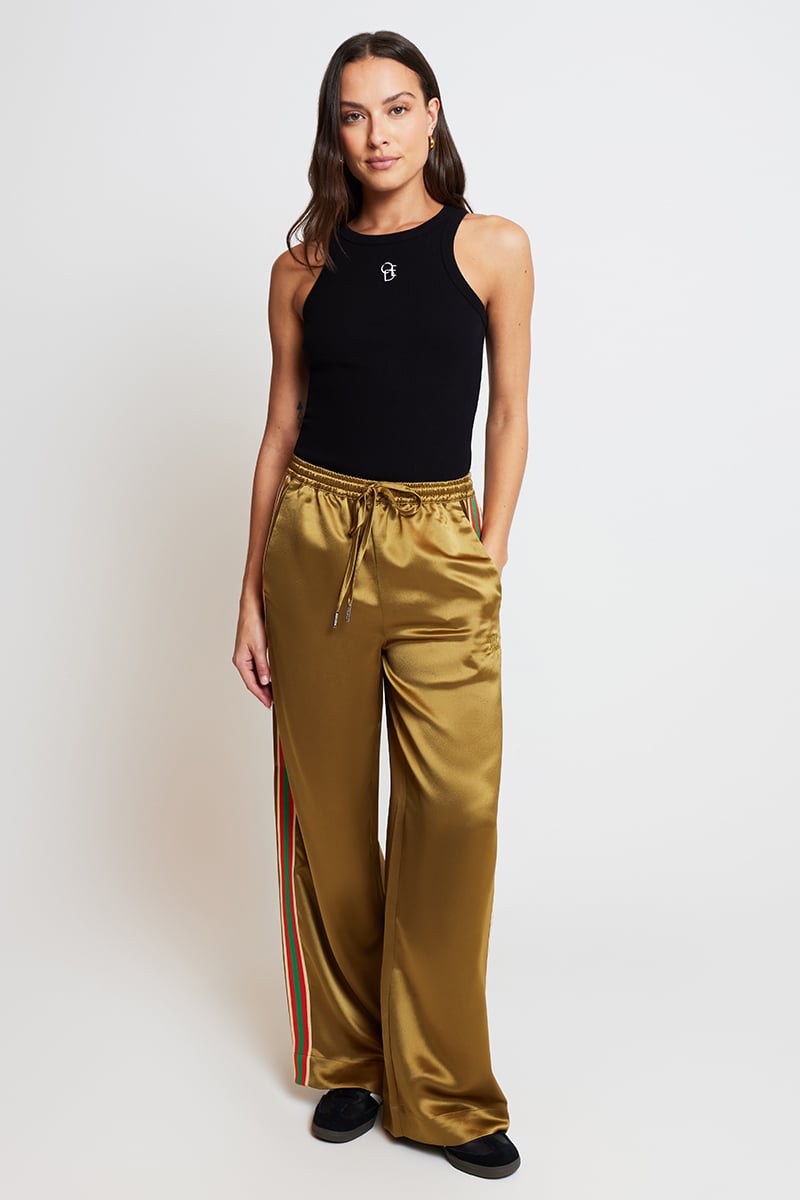 SOMETHING VERY SPECIAL Satin Stripe Vaycay Pant Gold Stylerunner
