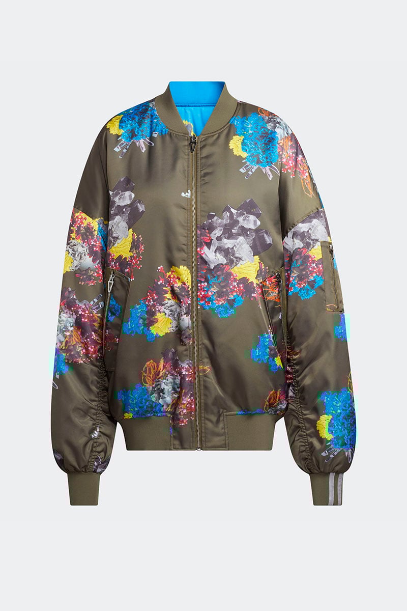 IVY PARK Satin Bomber Jacket Crystal Aop Medium Dark Khaki Shock Cyan Stylerunner