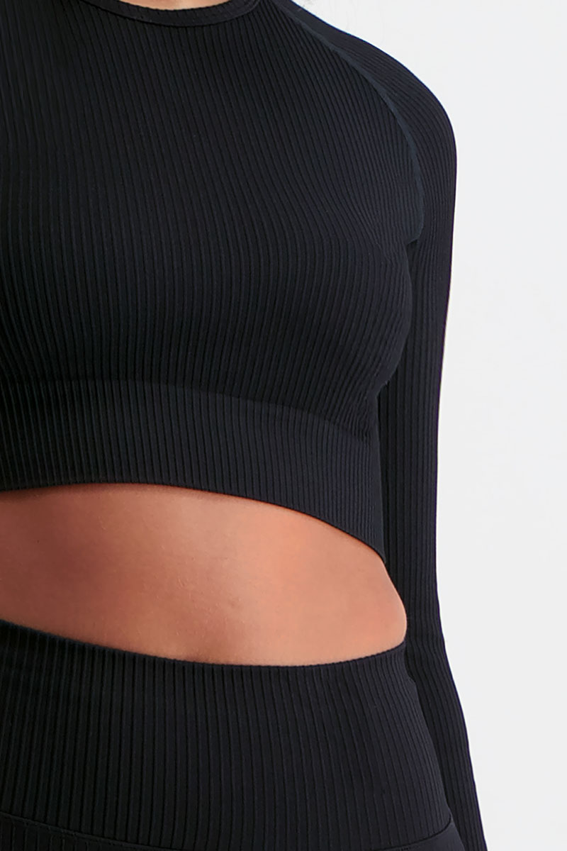 AIMN Ribbed Seamless Long Sleeve Crop Black | Stylerunner