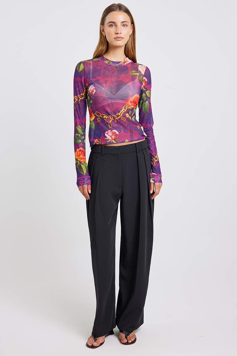 Something Very Special Chains and Roses Long Sleeve Mesh Top Purple Print