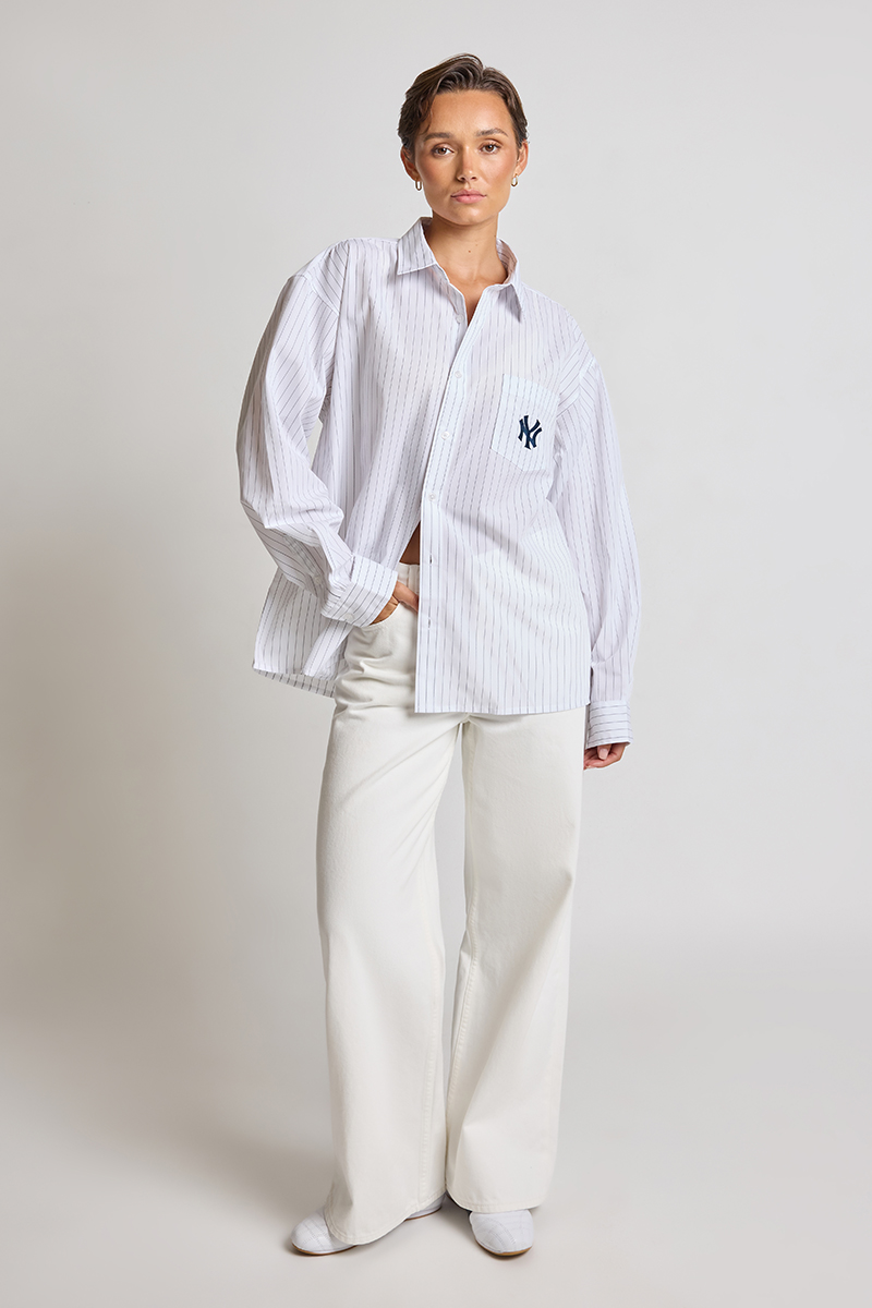 Majestic Yankees Pinstripe Shirt Optic White | Stylerunner