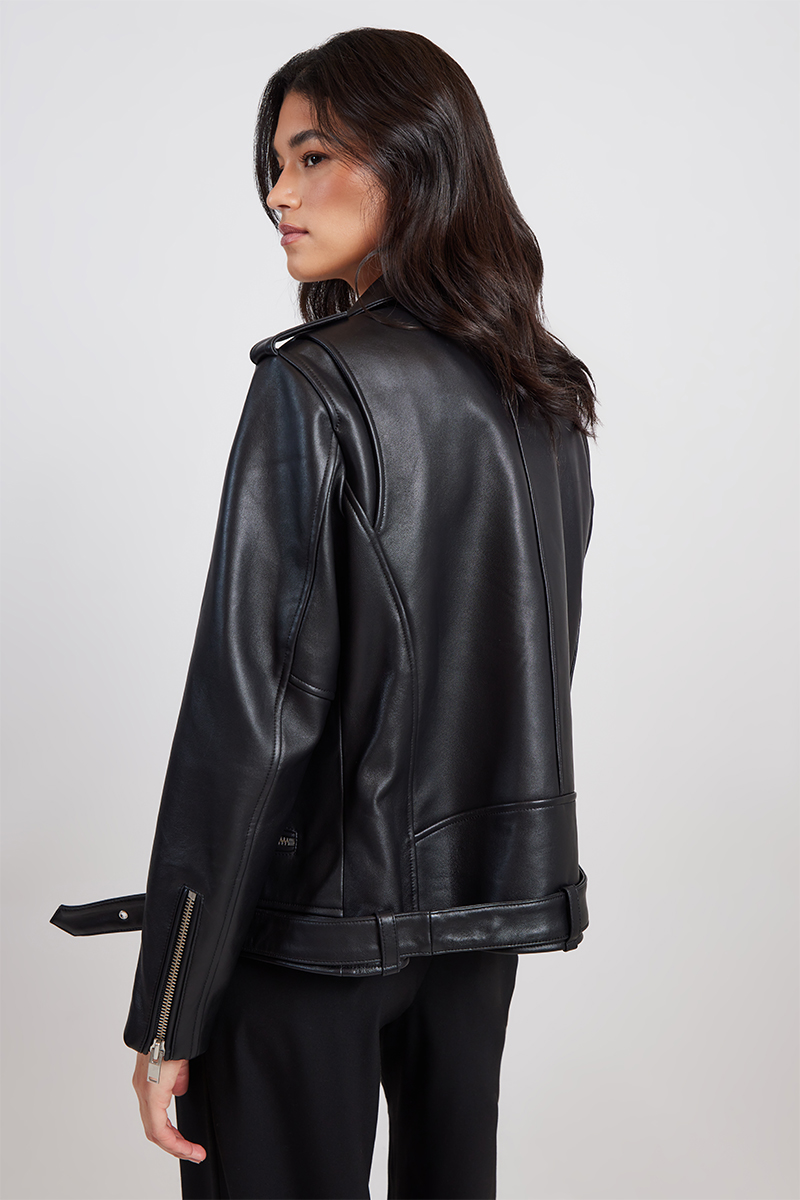 Ena Pelly Oversized New Yorker Leather Biker Jacket Black