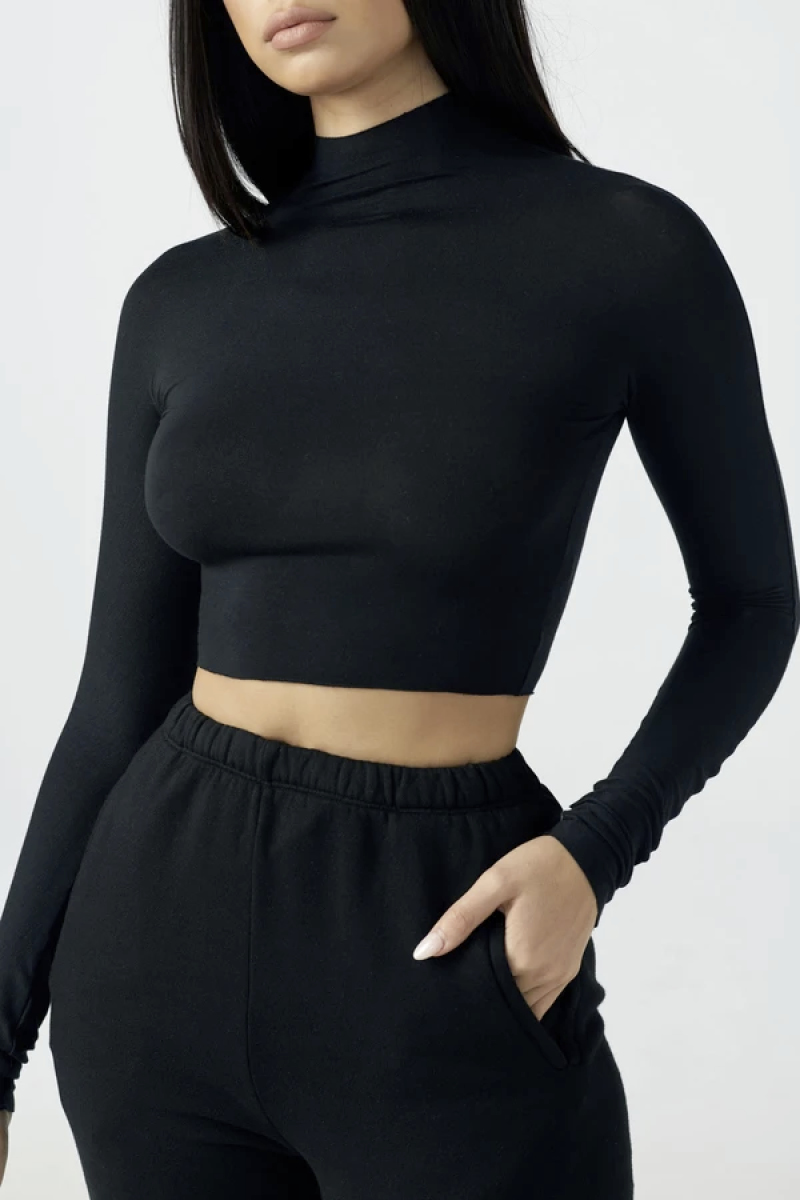 Joah Brown Cropped Mock Neck Long Sleeve Black Stylerunner