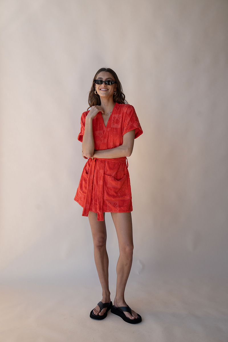 Araminta James Seaside Terry Kimono Dress Lobster Red | Stylerunner Araminta James Seaside Terry Kimono Dress Lobster Red | Stylerunner